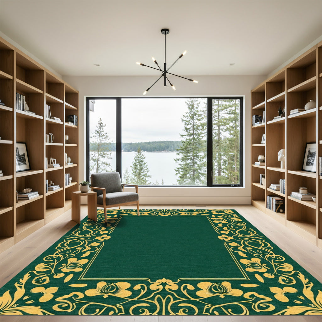 Golden Floral Vine Emerald Border Rug