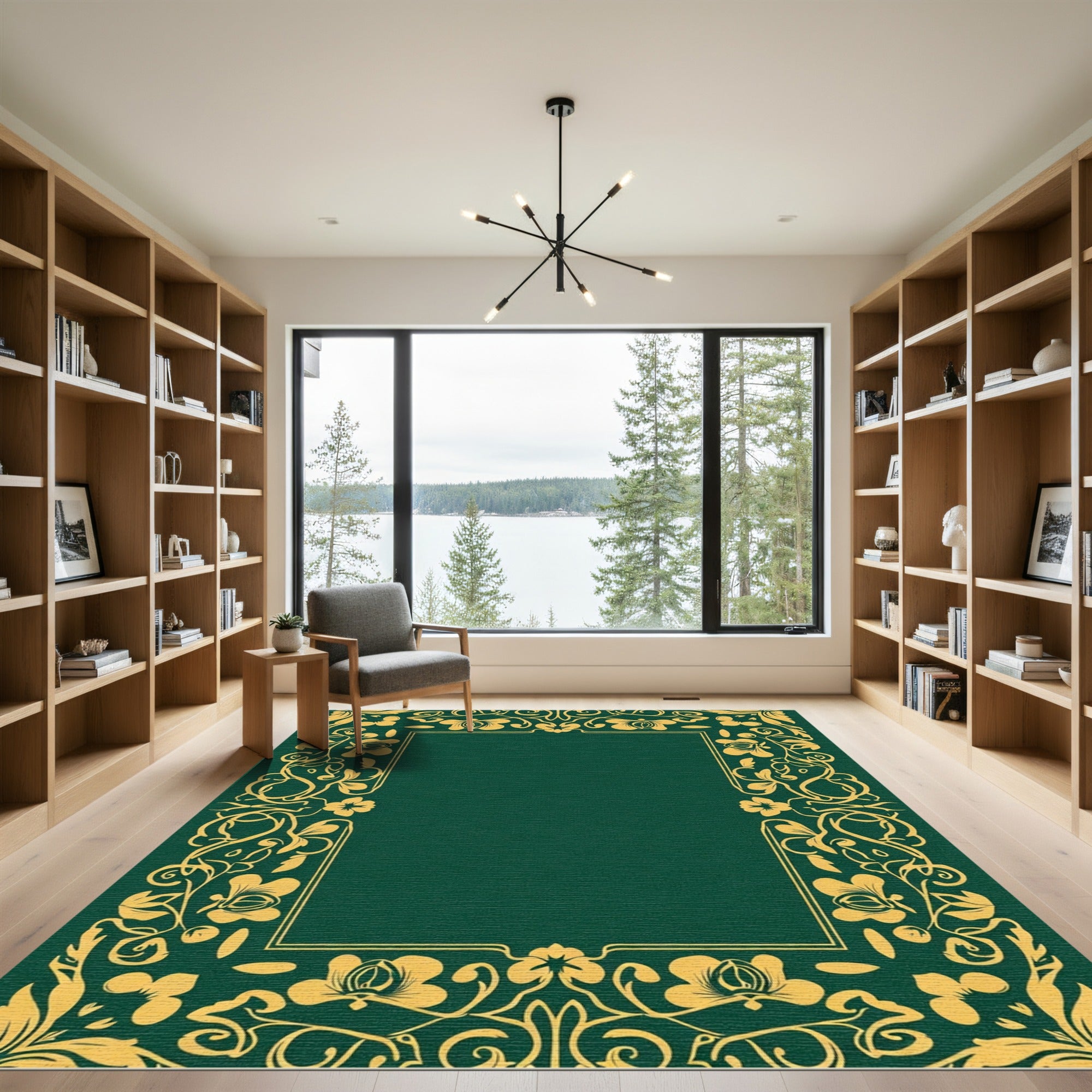 Golden Floral Vine Emerald Border Rug