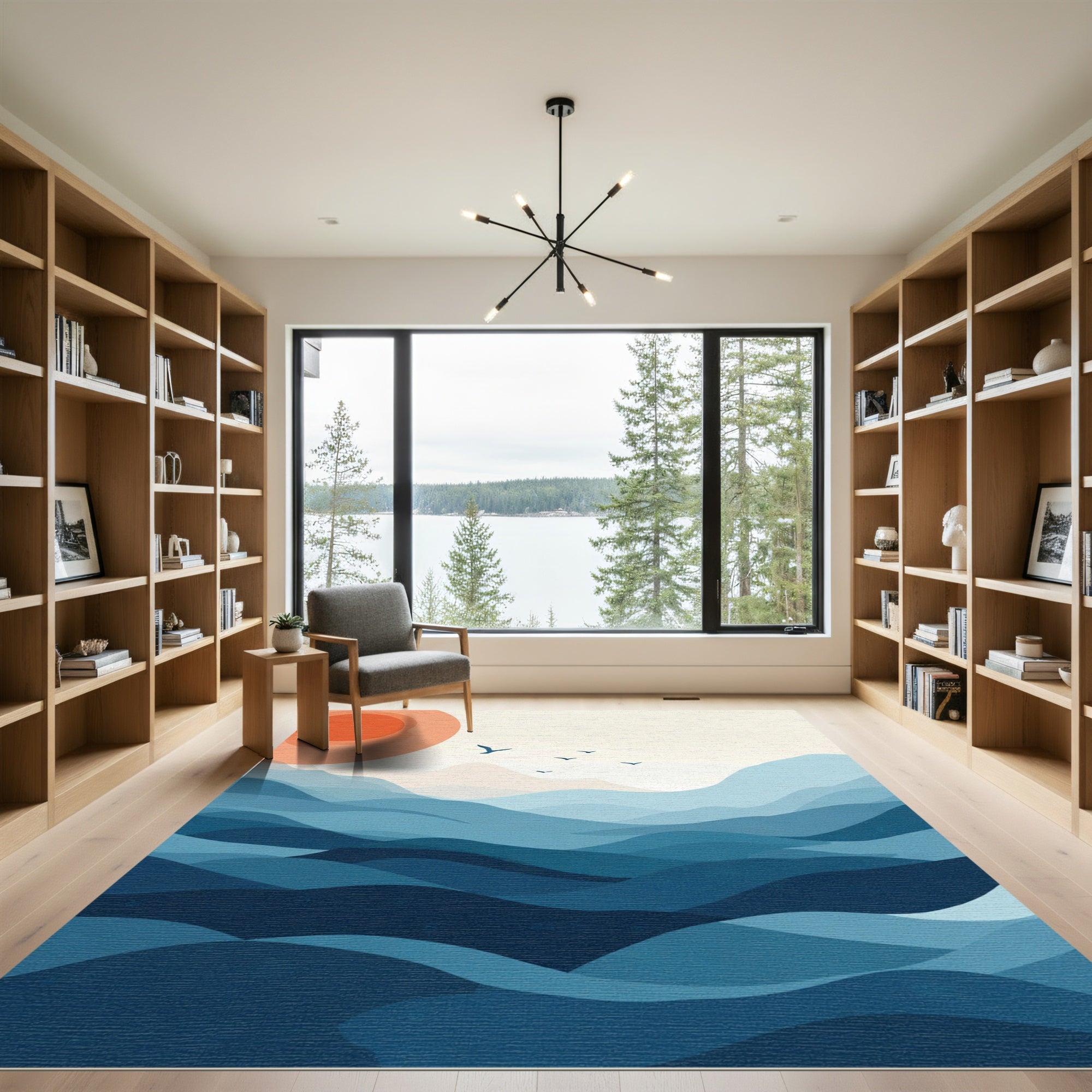 Crimson Sun Blue Mountain Abstract Waves Rug