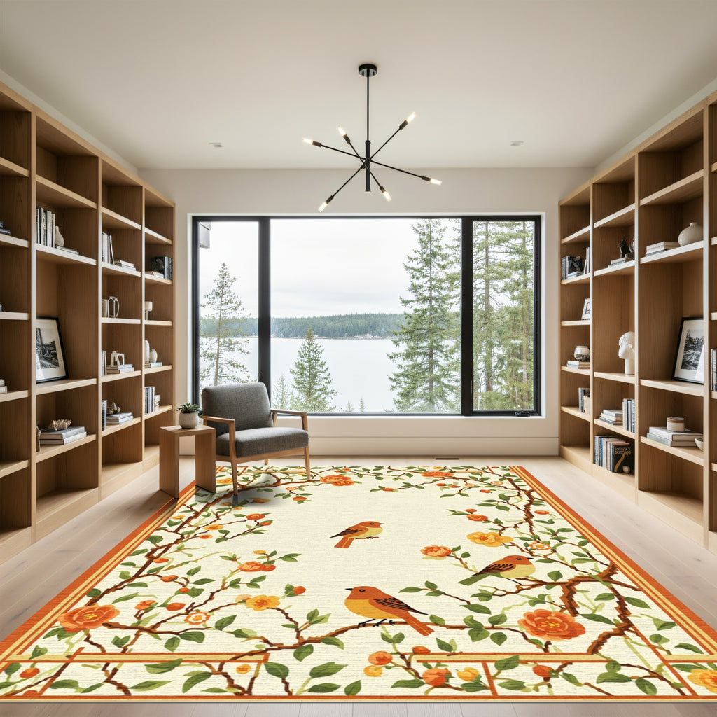 Muted Orange Birds Lush Garden Vines Rug