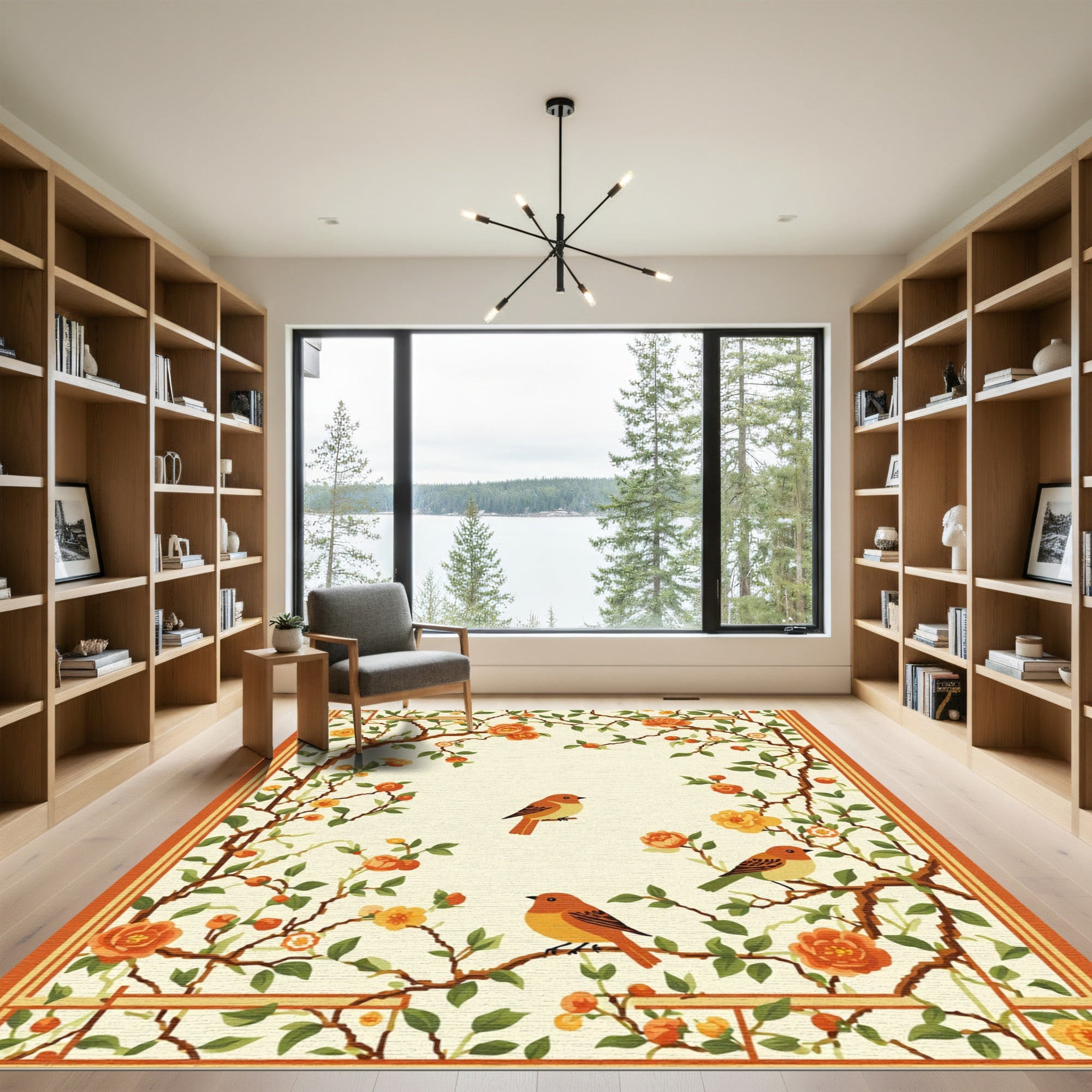 Muted Orange Birds Lush Garden Vines Rug