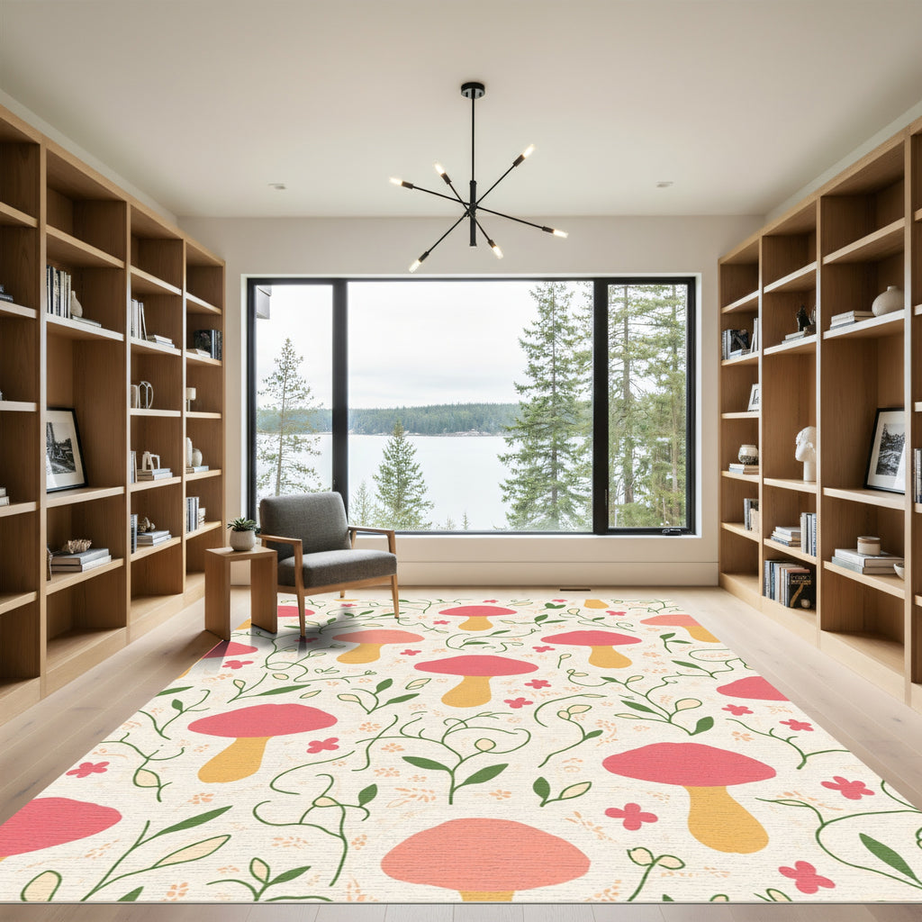 Whimsical Pink and Yellow Mushroom Garden Rug