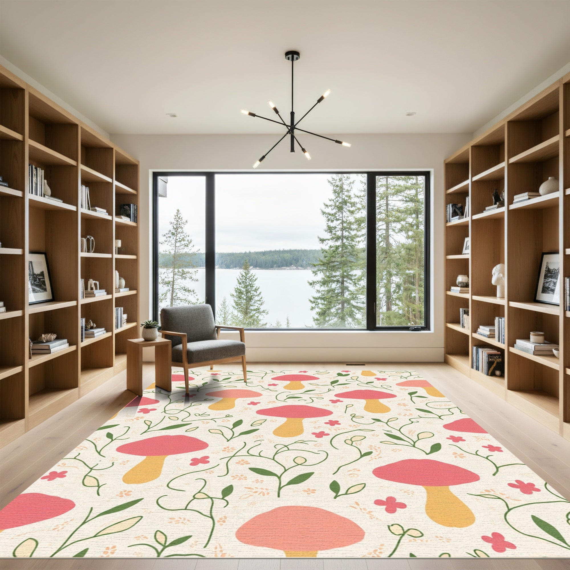 Whimsical Pink and Yellow Mushroom Garden Rug