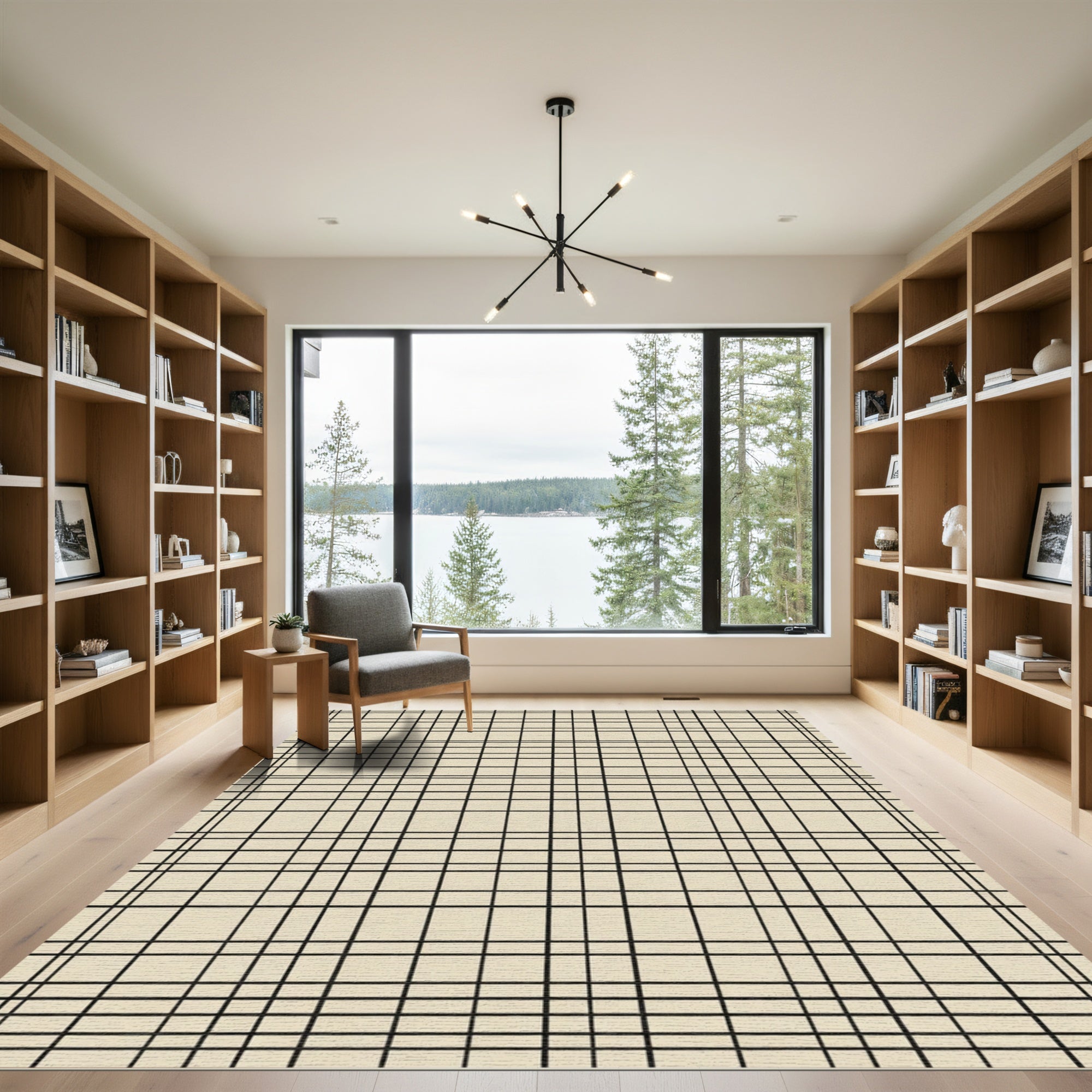 Classic Beige Black Plaid Grid Rug