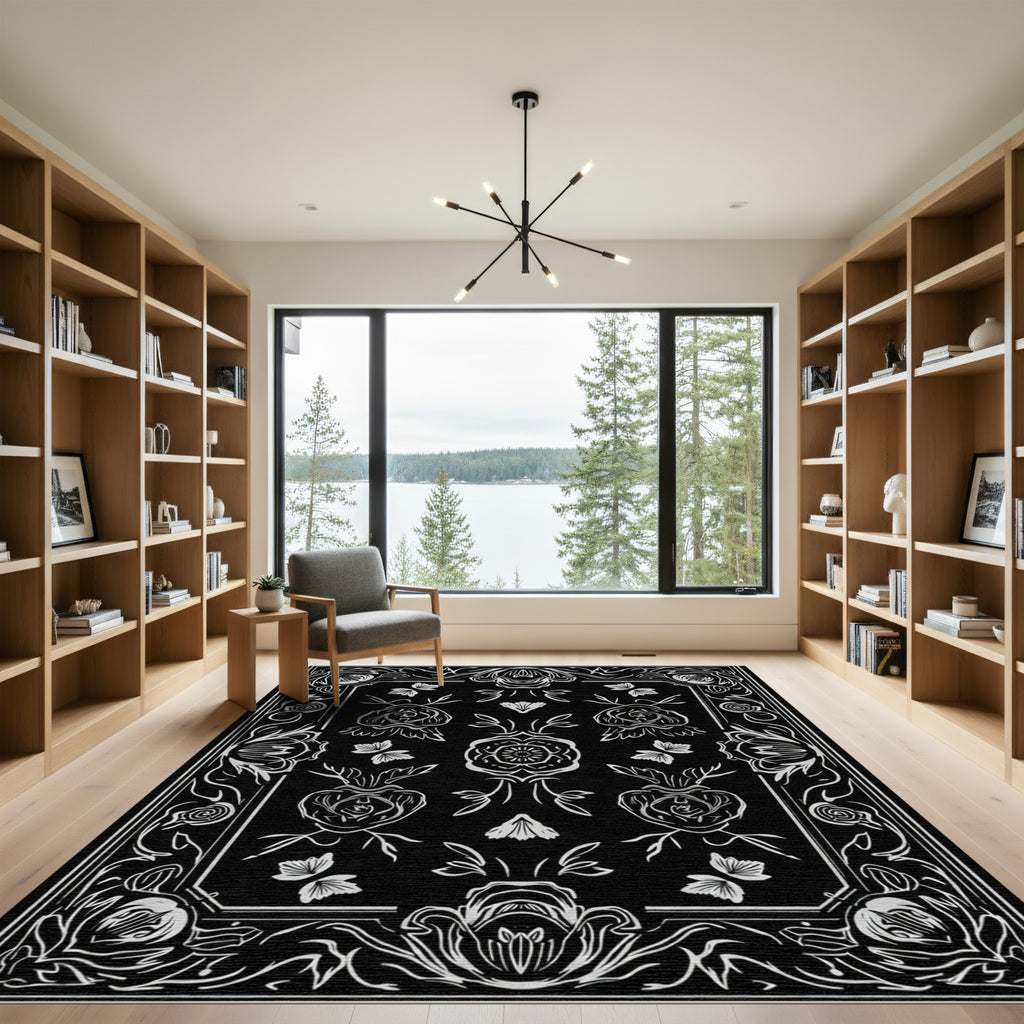 Black White Floral Butterfly Garden Rug