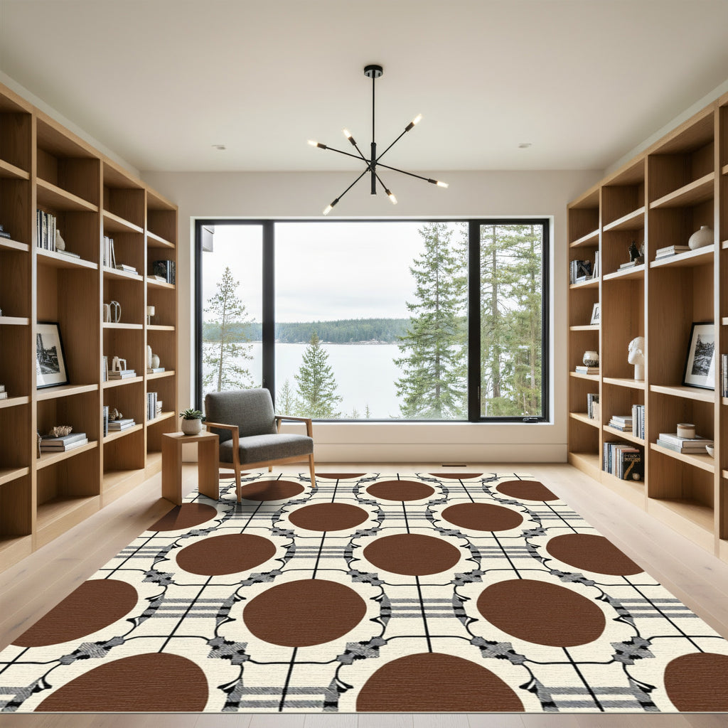 Brown Circles with Cream Plaid Grid Rug