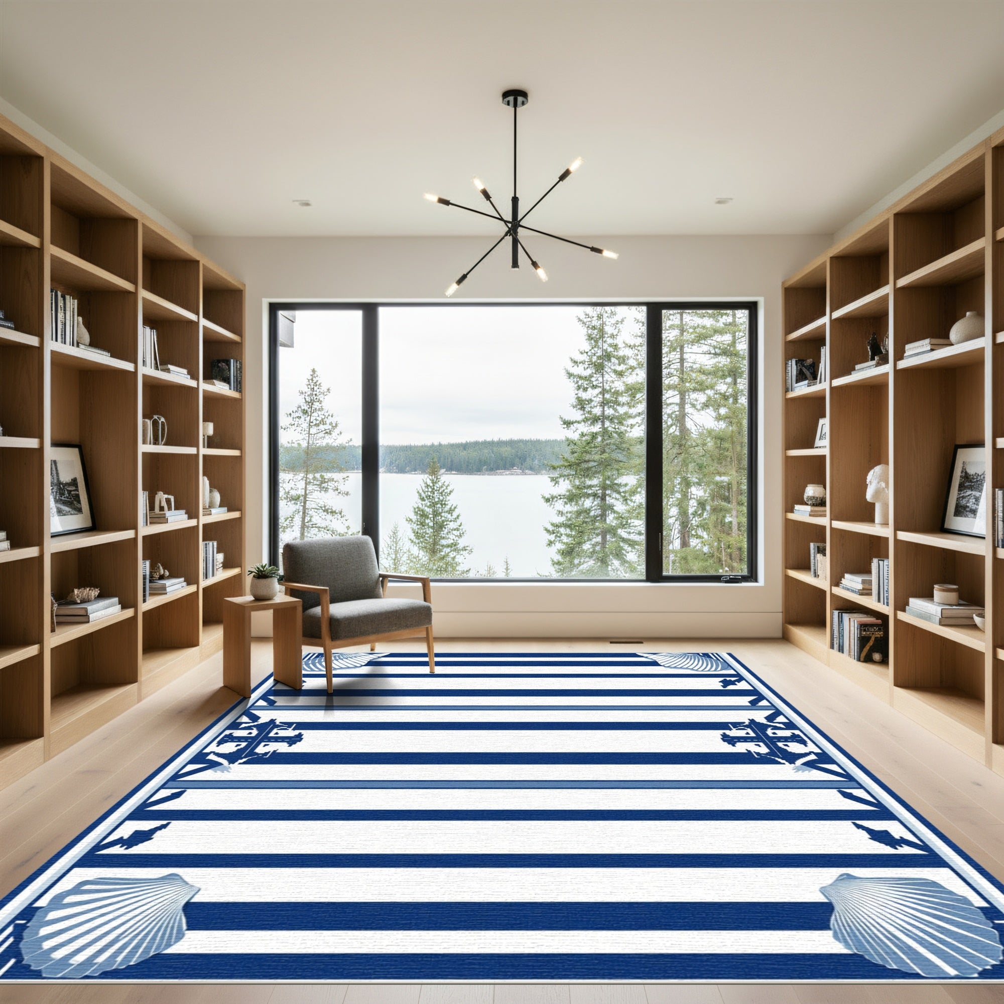 Nautical Blue White Striped Seashell Anchor Border Rug