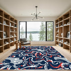 Navy Red White Abstract Swirl Rug