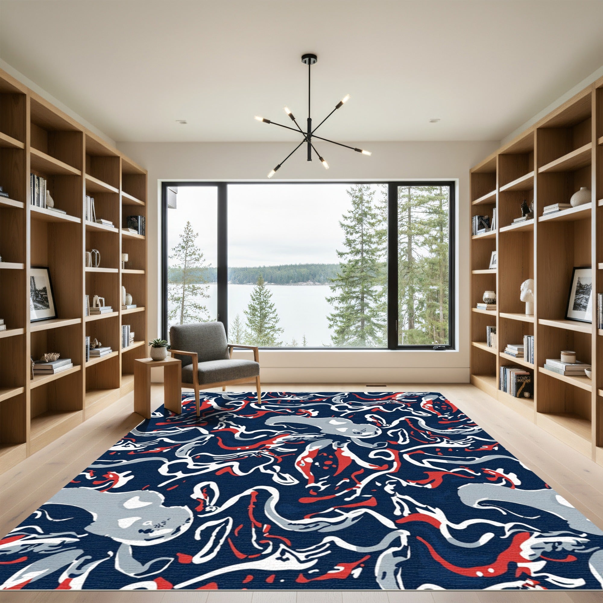 Navy Red White Abstract Swirl Rug