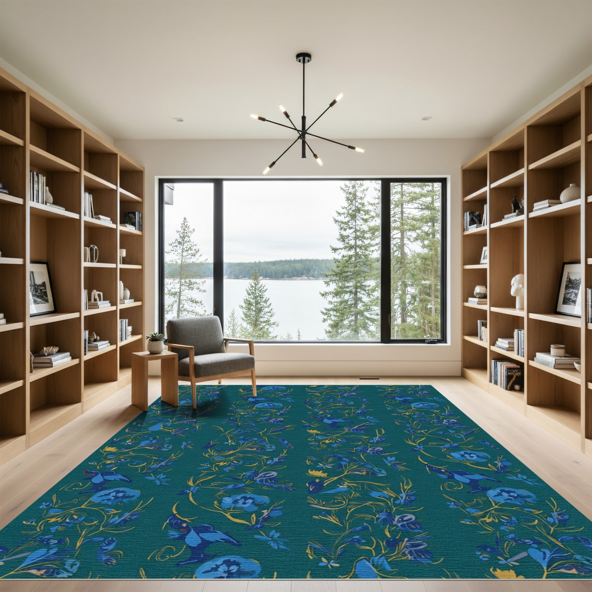 Emerald Blue Bird Floral Vine Rug