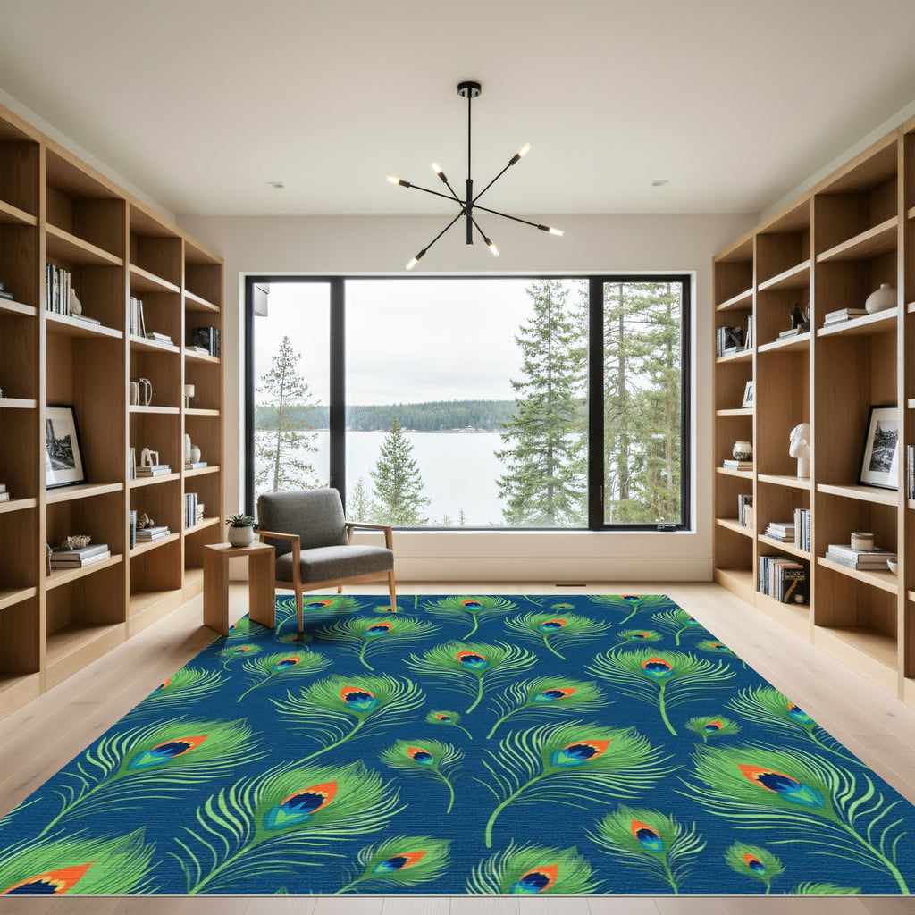 Vibrant Peacock Feather Navy Blue Rug