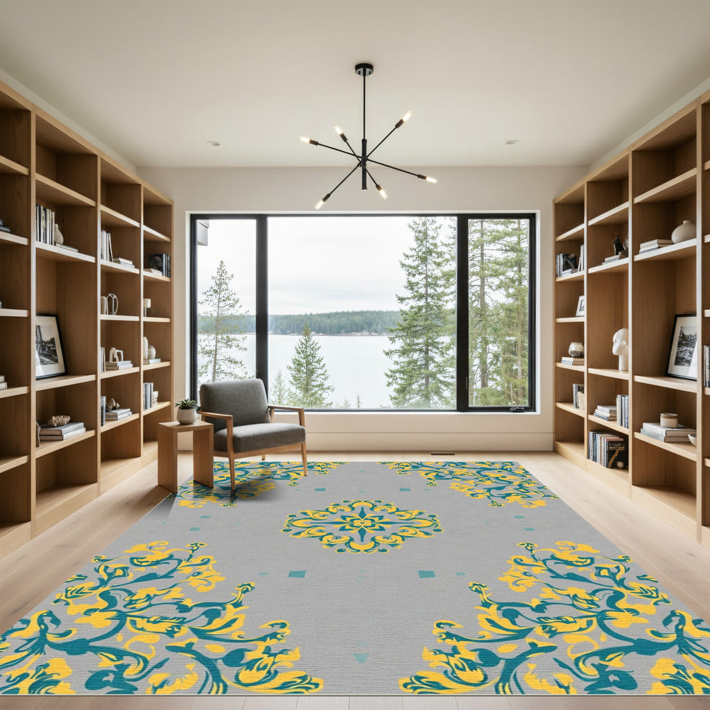 Gray Teal Yellow Floral Medallion Rug
