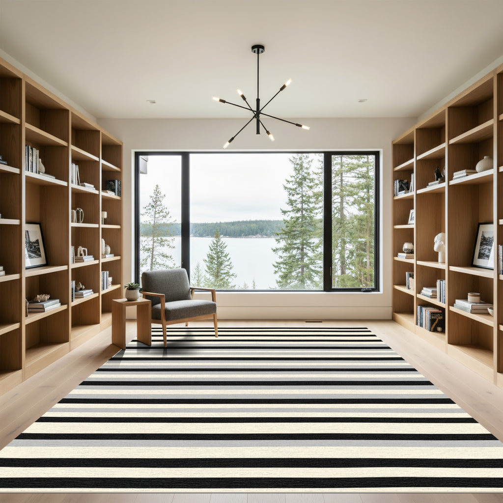 Modern Off White Black Gray Stripes Rug