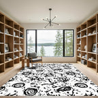 Primitive Black White Abstract Scribble Rug