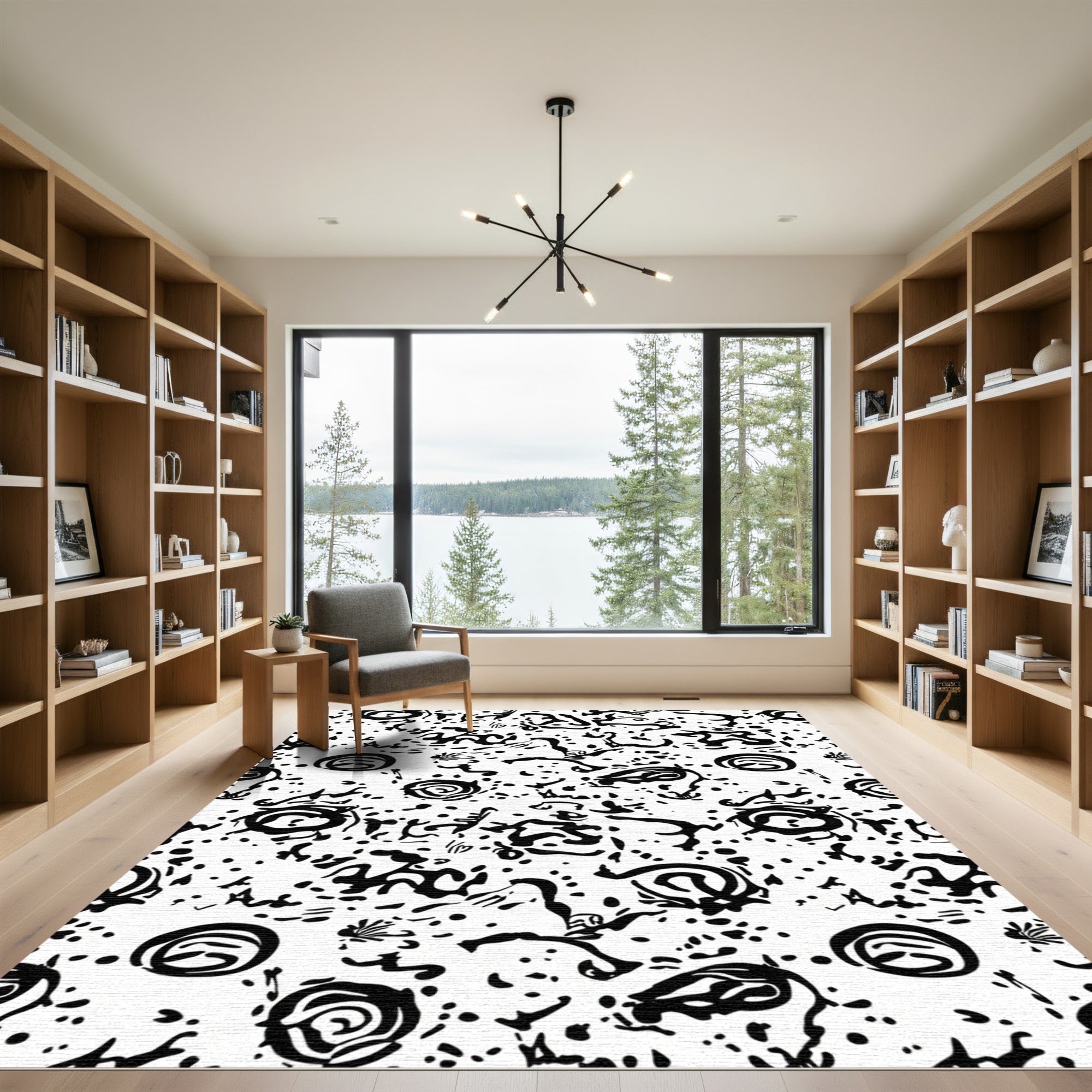 Primitive Black White Abstract Scribble Rug