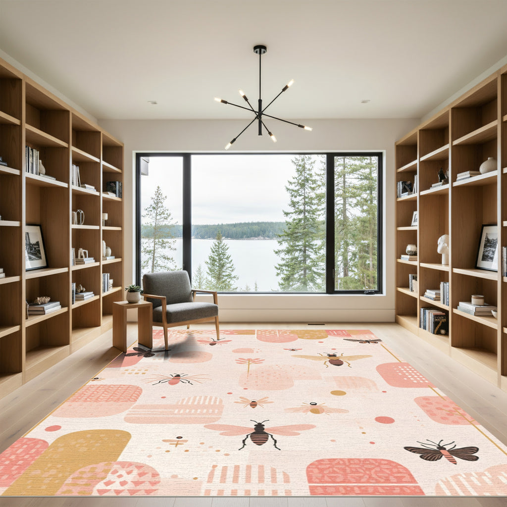 Whimsical Pink Bug Garden Abstract Rug