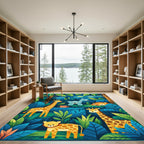 Jungle Animals Cyan Forest Midnight Scene Rug