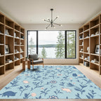 Blue Whimsical Floral Cats Rug