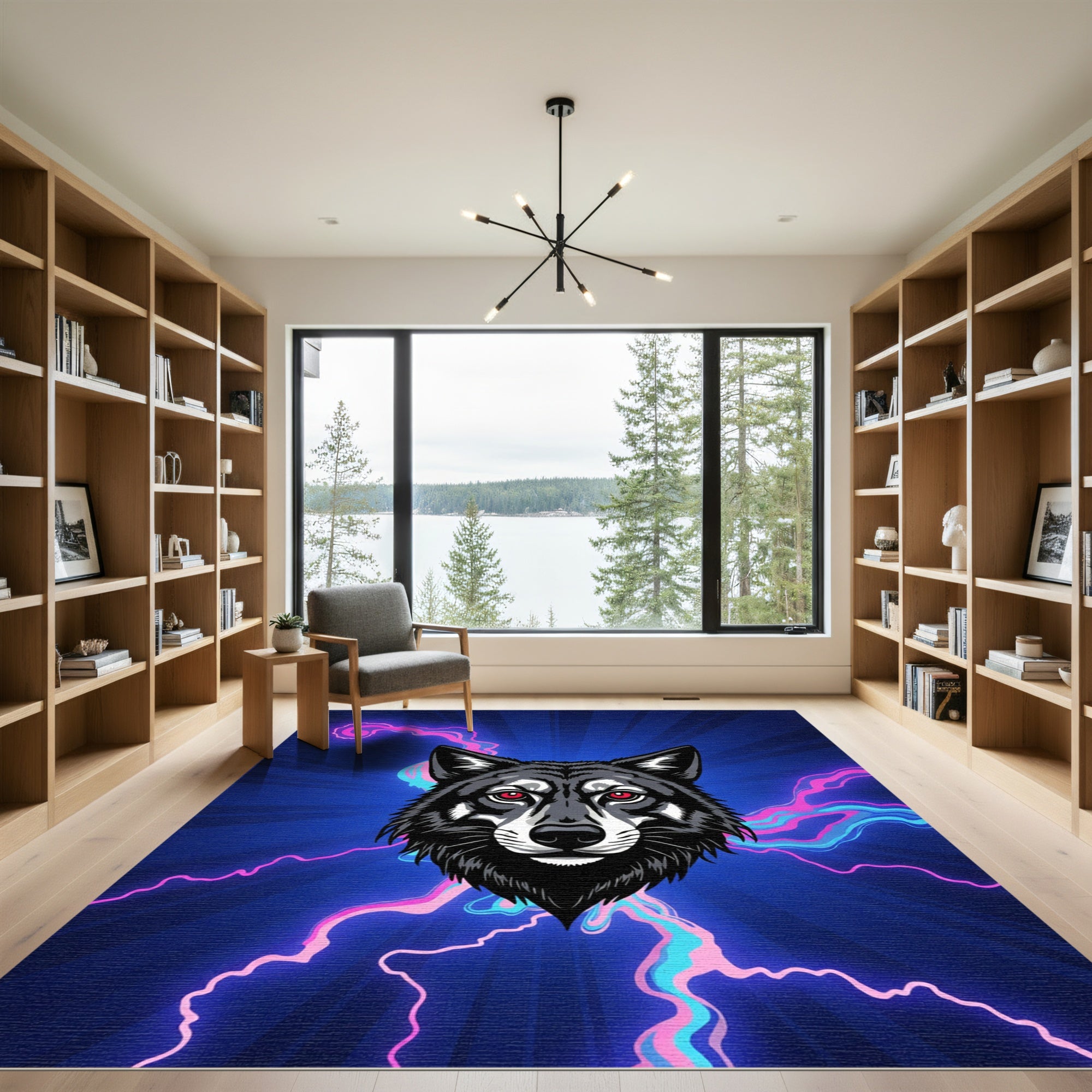 Glowing Wolf With Electric Neon Lightning Rug