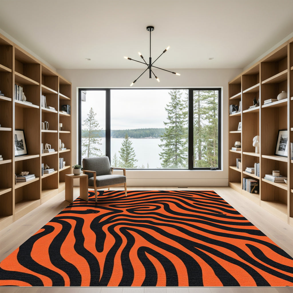 Vibrant Orange Black Wavy Lines Rug