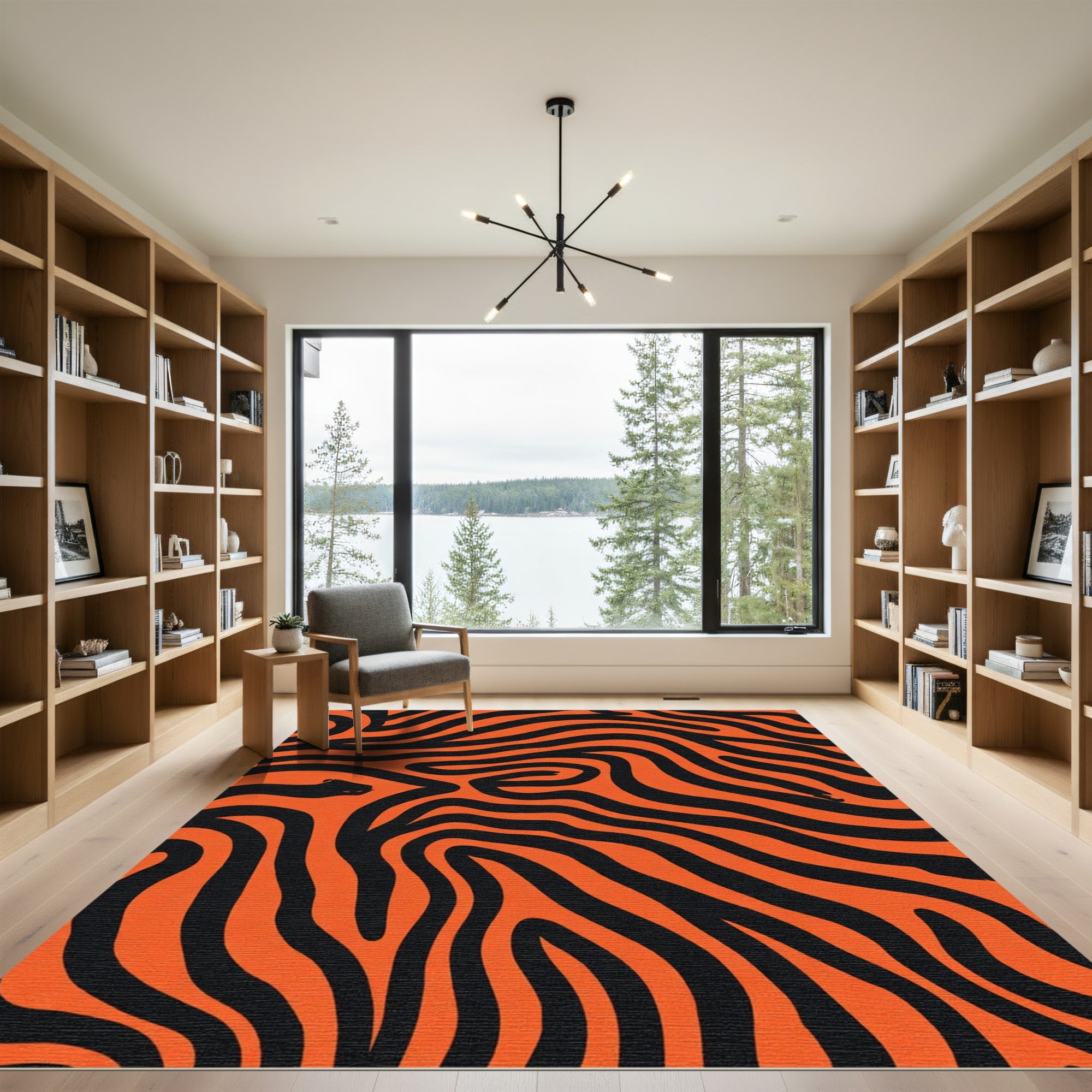 Vibrant Orange Black Wavy Lines Rug