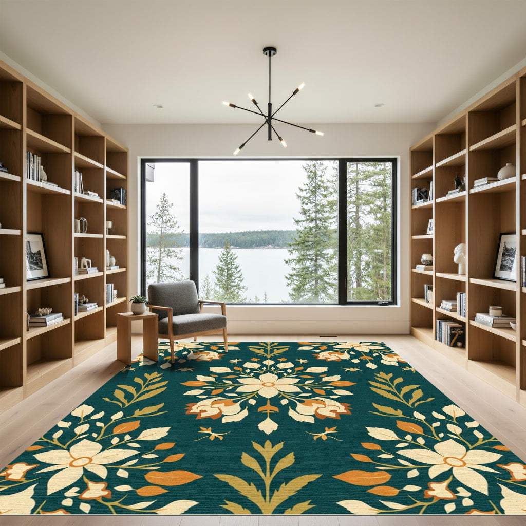 Deep Teal Floral Leaf Arrangement Rug