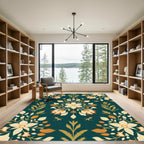 Deep Teal Floral Leaf Arrangement Rug