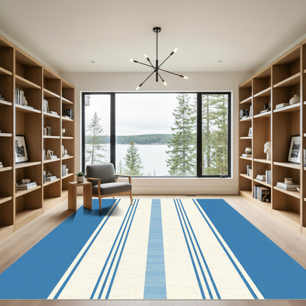 Blue Cream Vertical Stripe Rug
