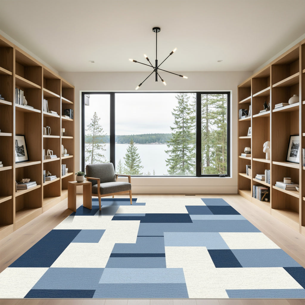 Cool Blue Geometric Block Arrangement Rug