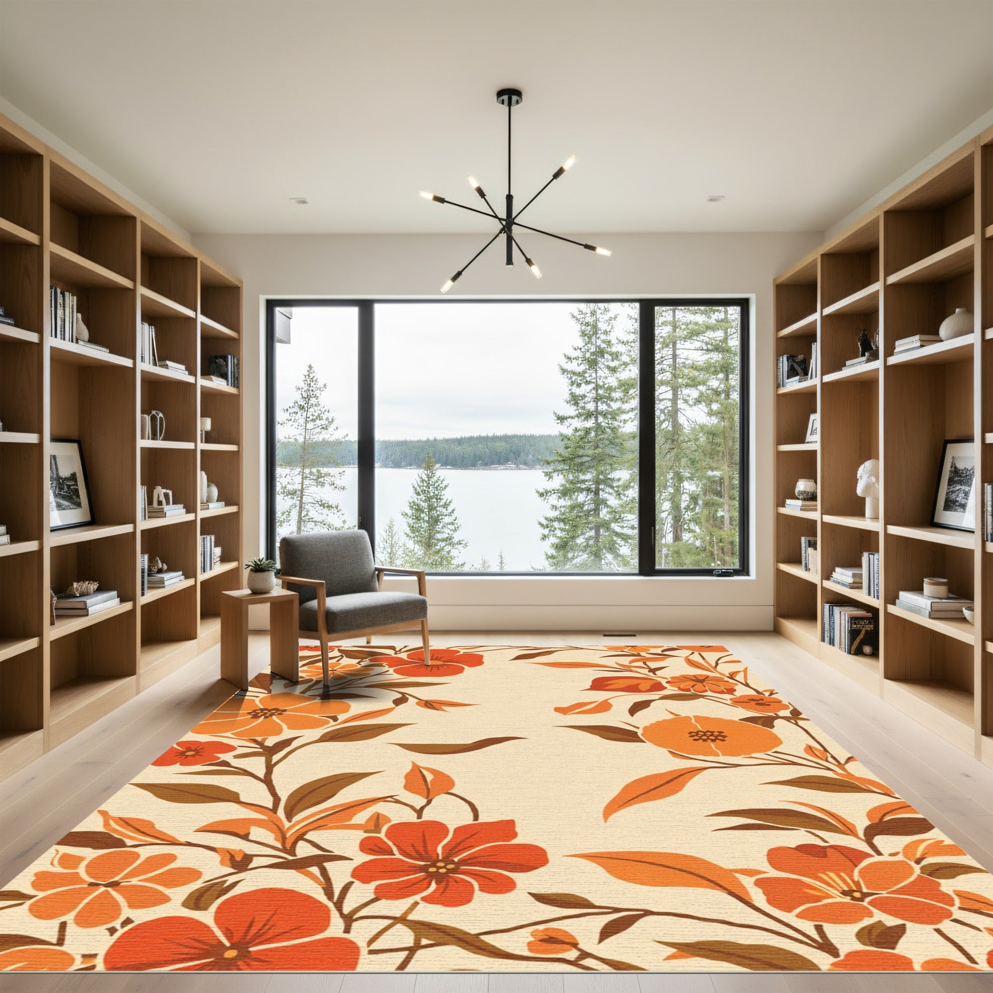 Retro Orange Floral Vine Swirl Rug