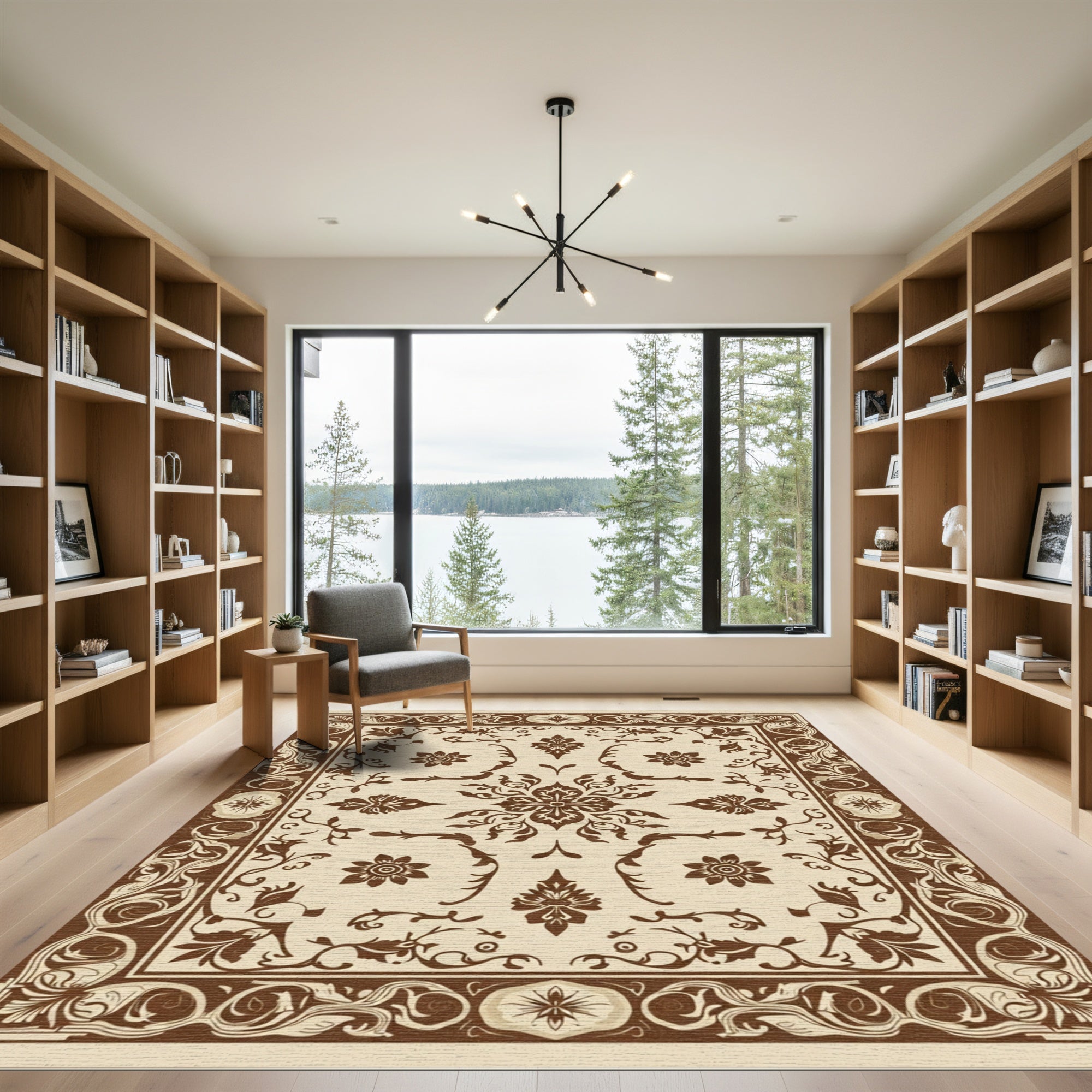 Rich Brown Floral Scrollwork Frame Rug