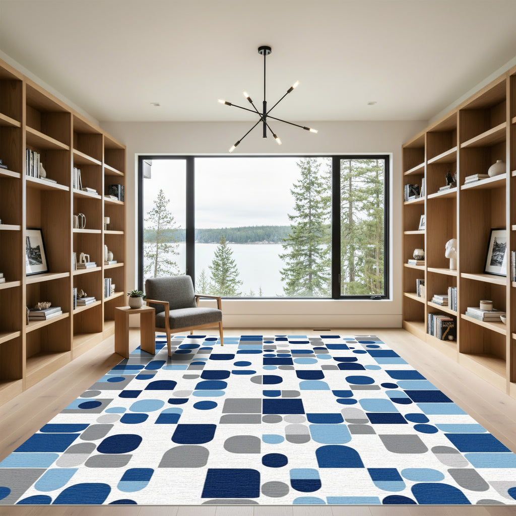 Modern Blue Gray Abstract Geometric Shapes Rug