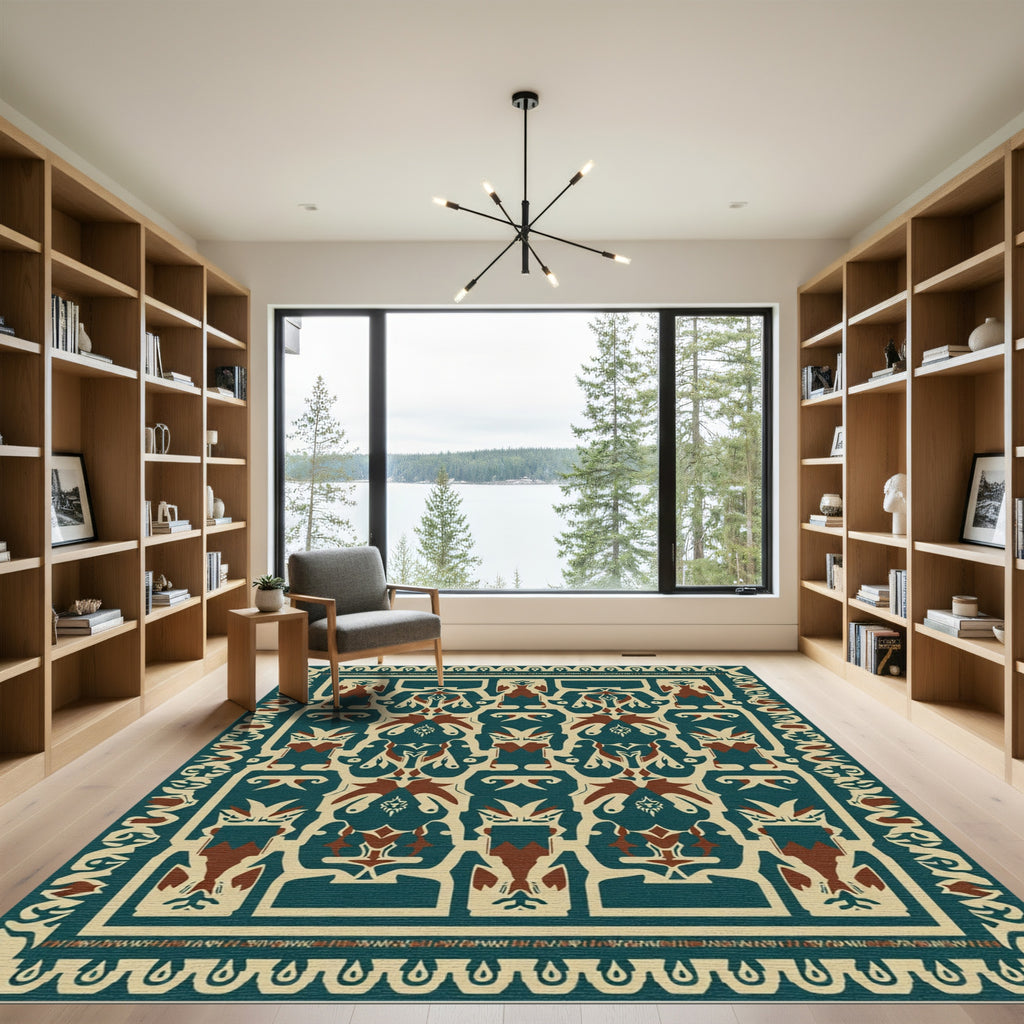 Deep Teal Brown Geometric Figural Rug
