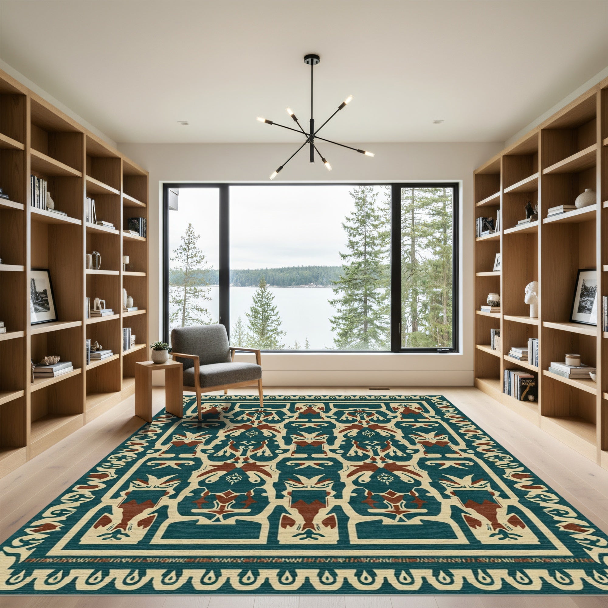 Deep Teal Brown Geometric Figural Rug
