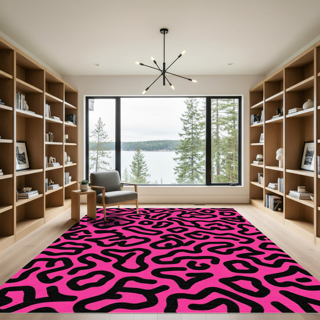 Bright Pink Black Abstract Organic Flow Rug