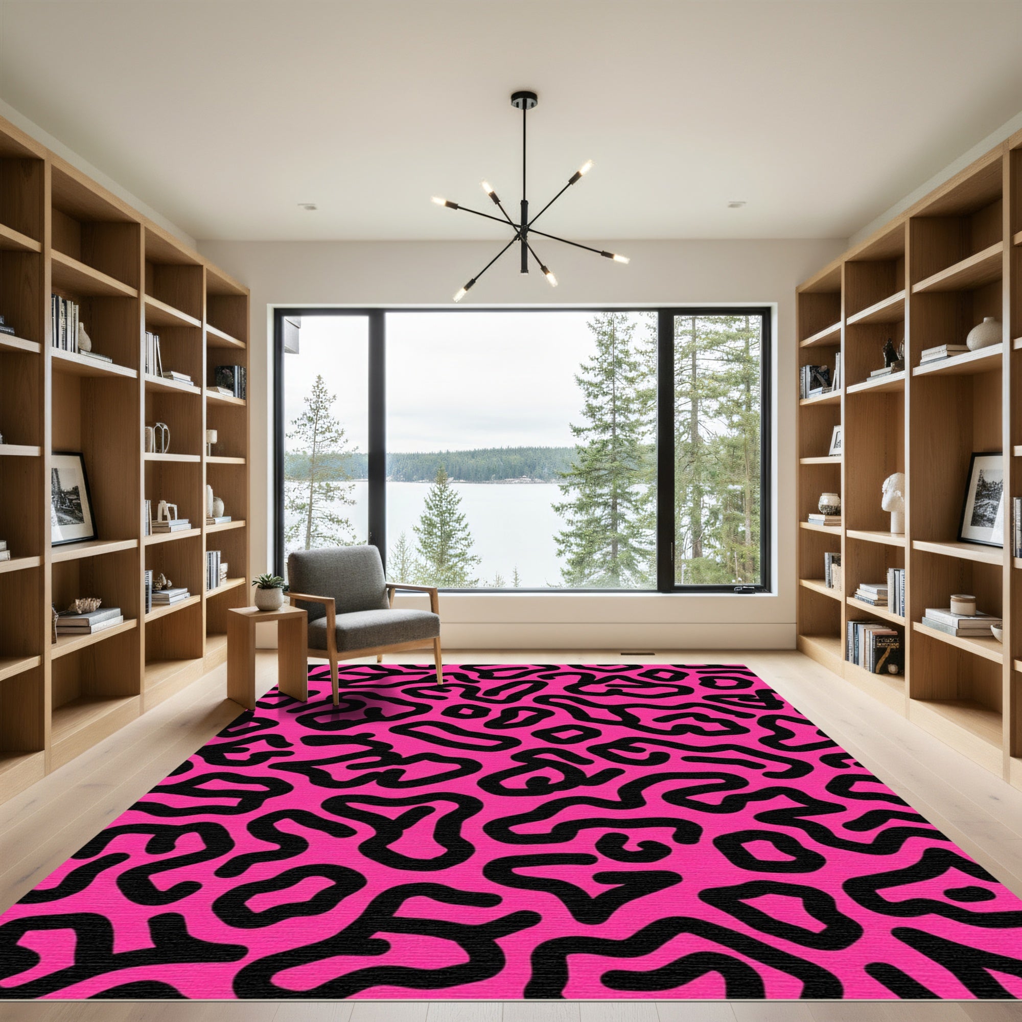 Bright Pink Black Abstract Organic Flow Rug