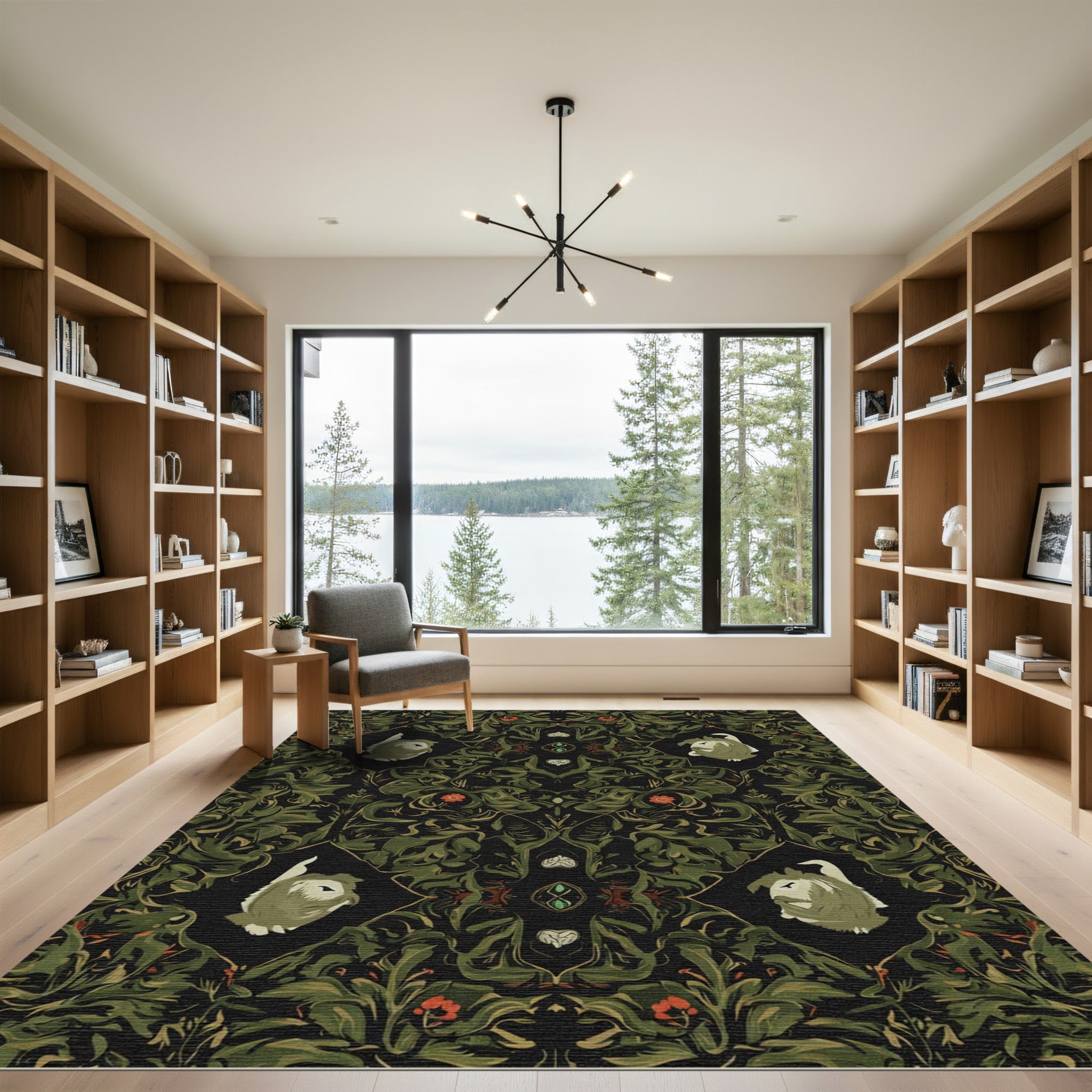 Dark Green Forest Creature Floral Arrangement Rug