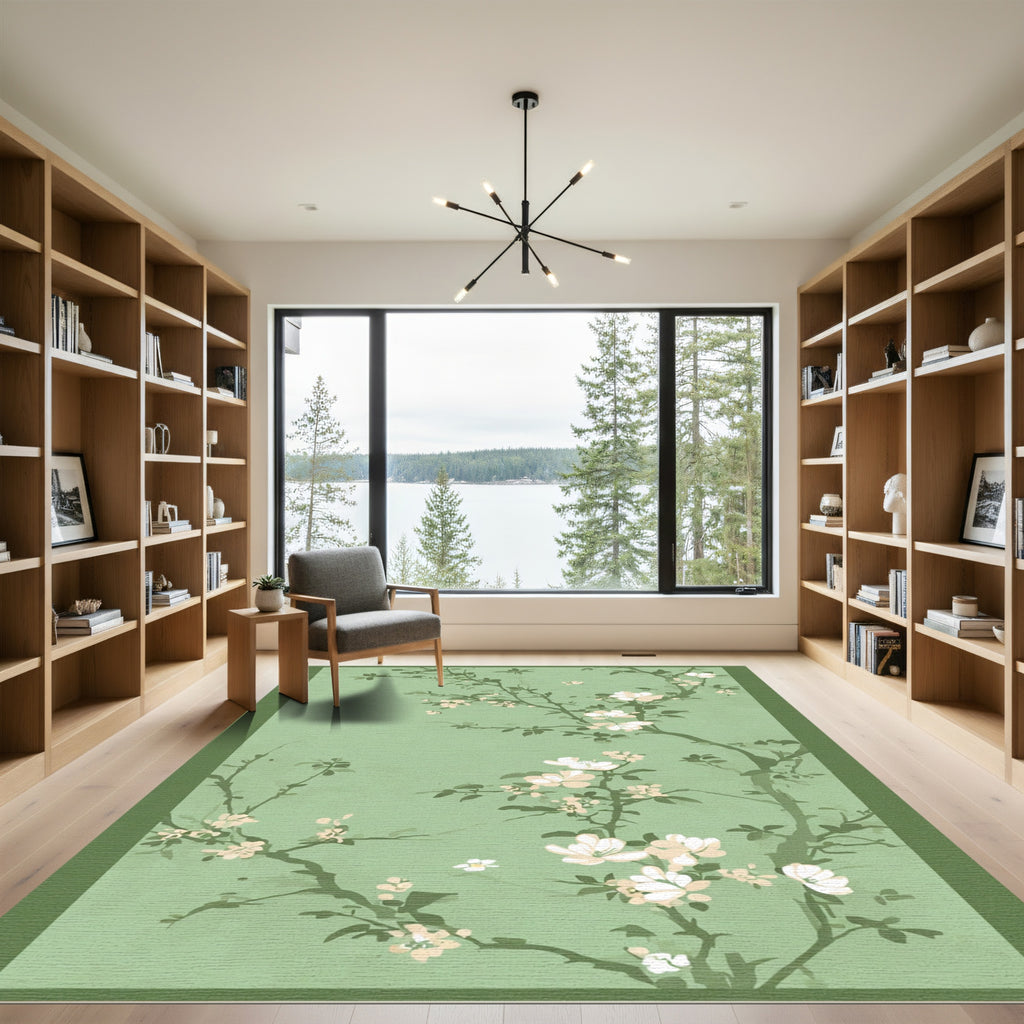 Pastel Sage Green Cherry Blossom Branches Rug