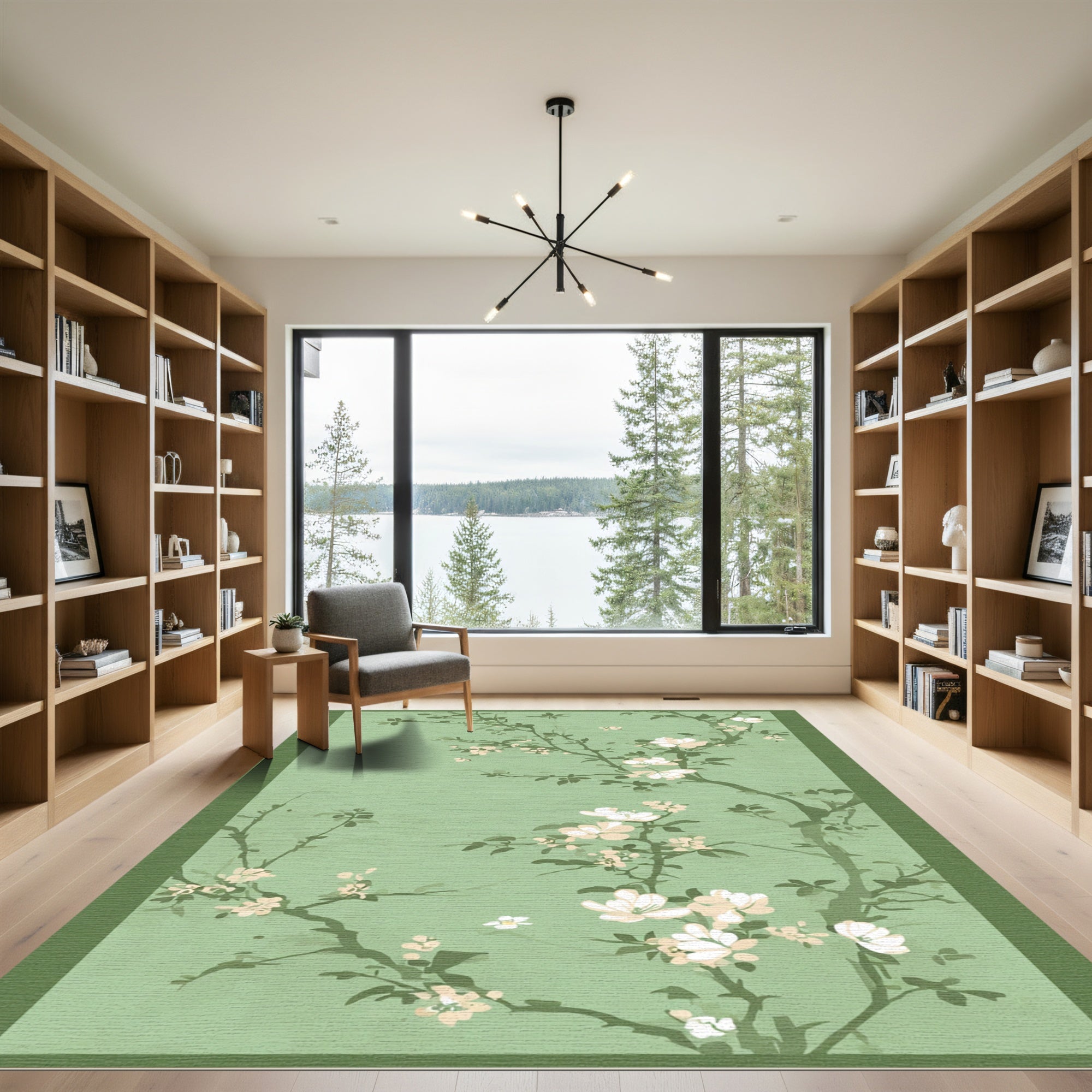 Pastel Sage Green Cherry Blossom Branches Rug