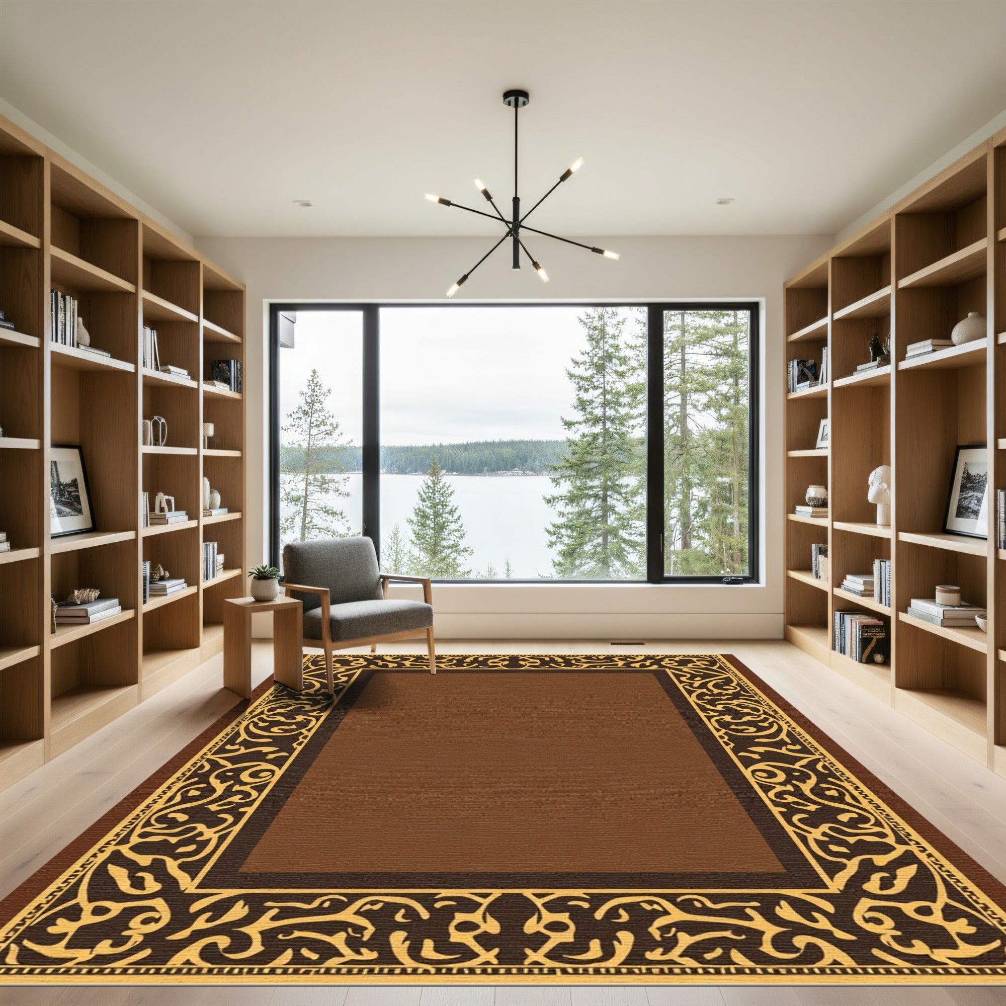 Ornate Brown and Gold Medallion Border Rug