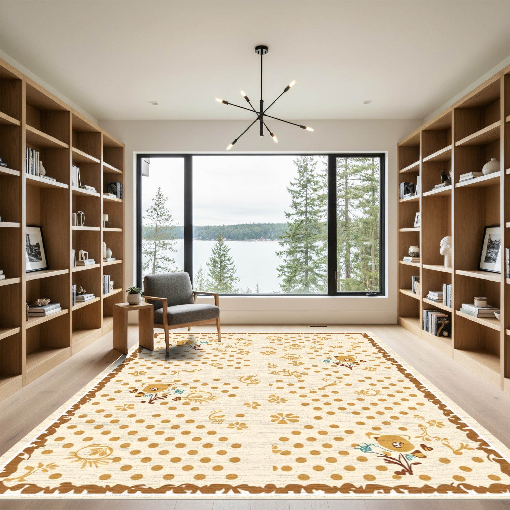 Whimsical Tan Floral Polka Dot Rug