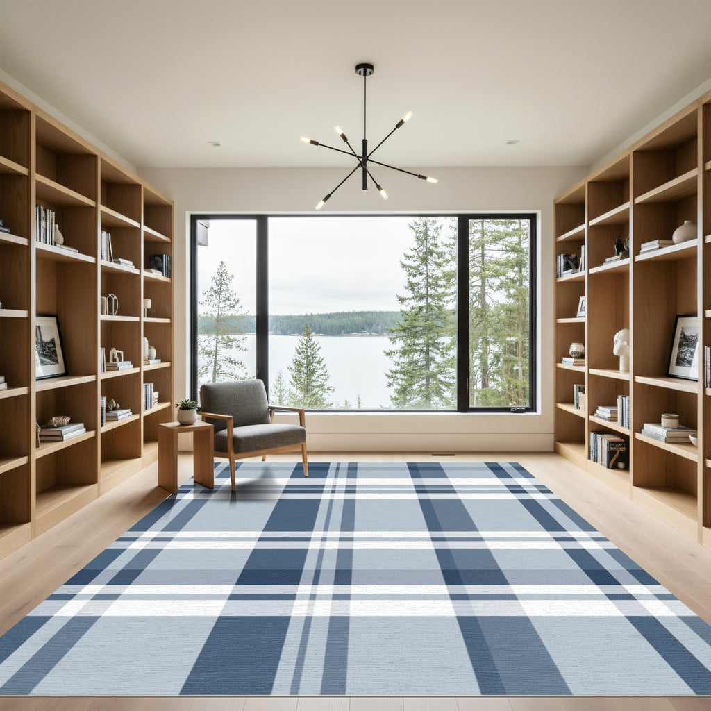 Classic Blue White Plaid Check Rug