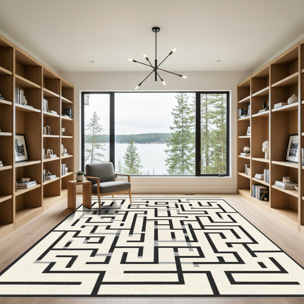 Black Gray Maze Geometric Rug