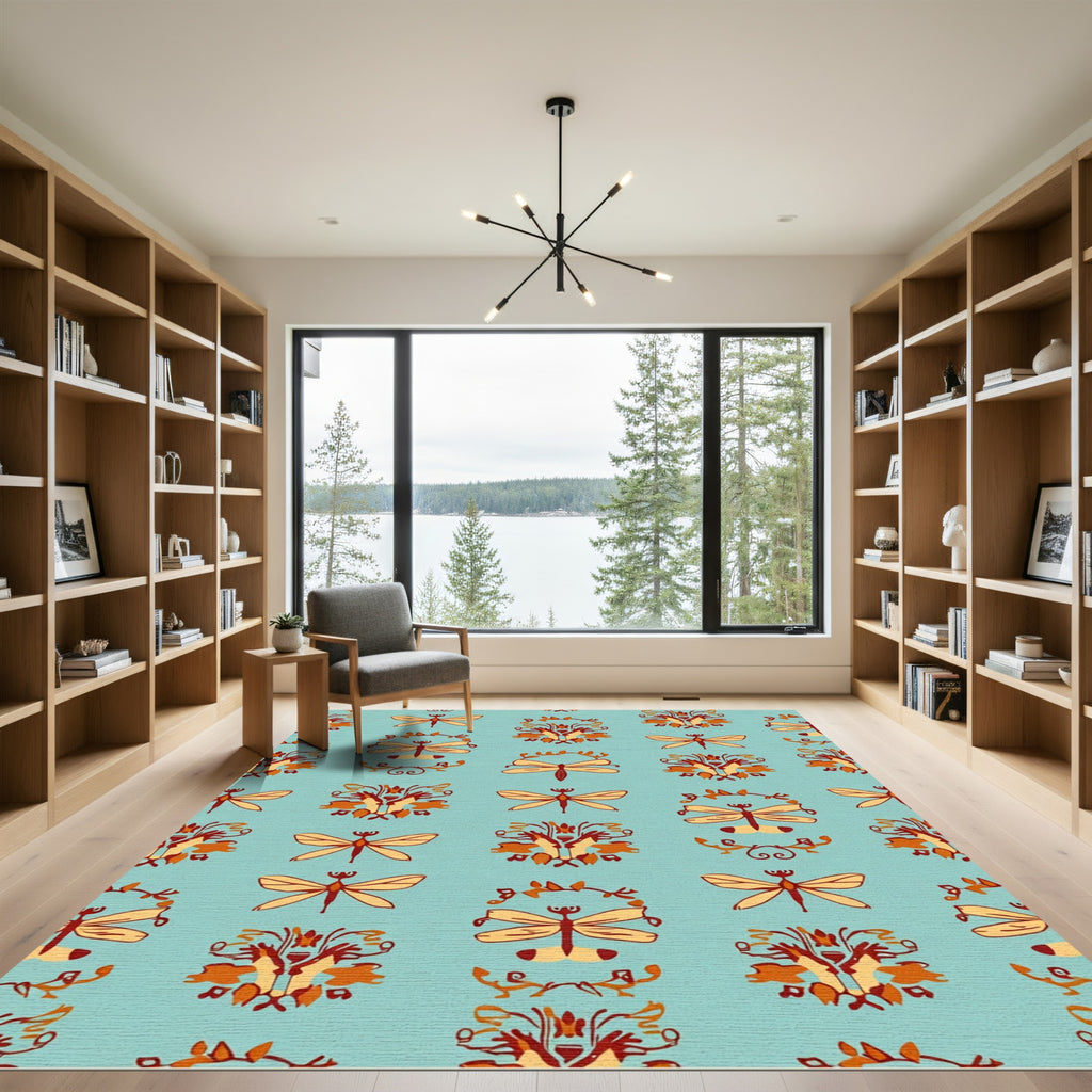 Light Orange Dragonfly Floral Arrangement Rug