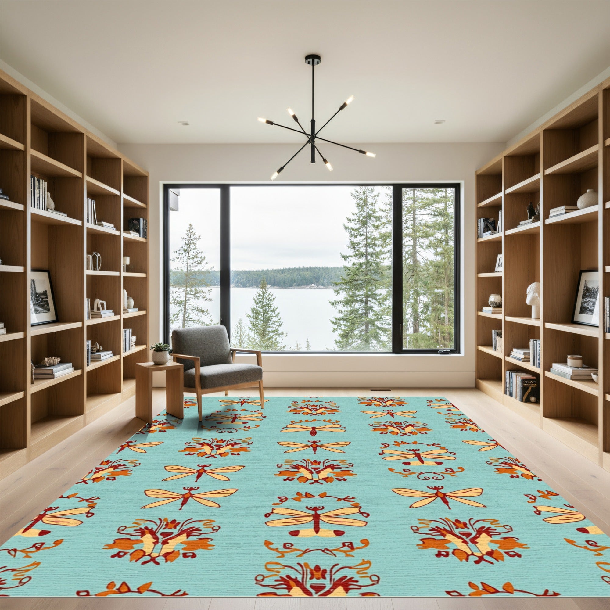 Light Orange Dragonfly Floral Arrangement Rug