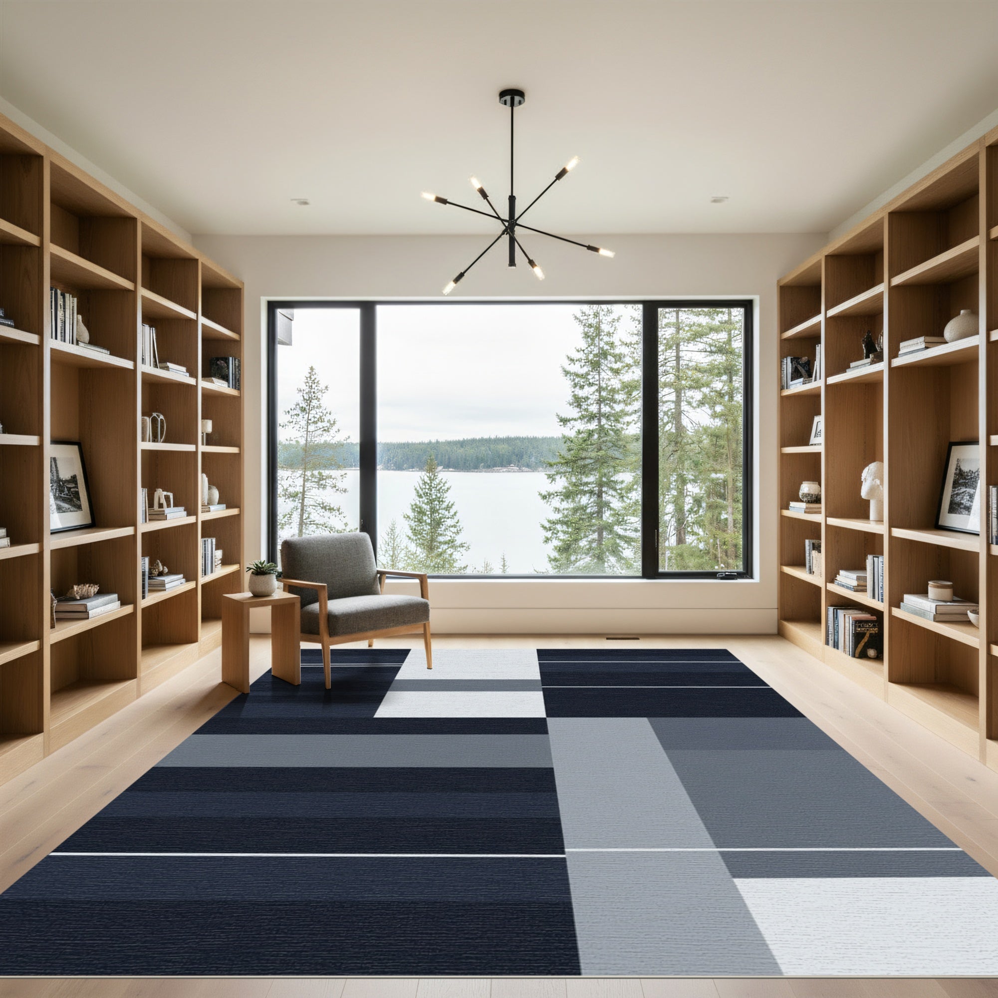 Minimalist Navy Blue Stripe Rectangles Rug