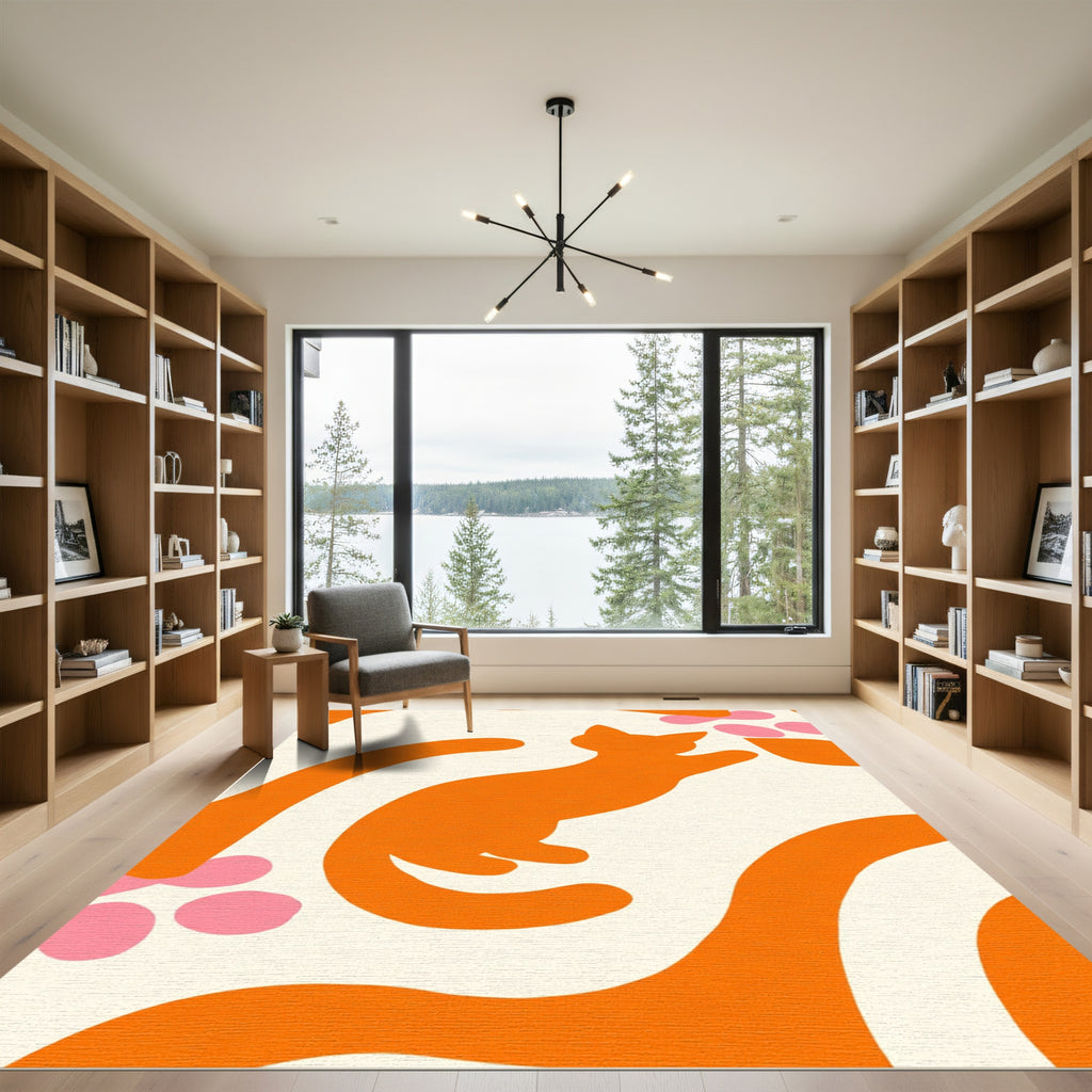Orange Playful Cat Abstract Swirls Rug