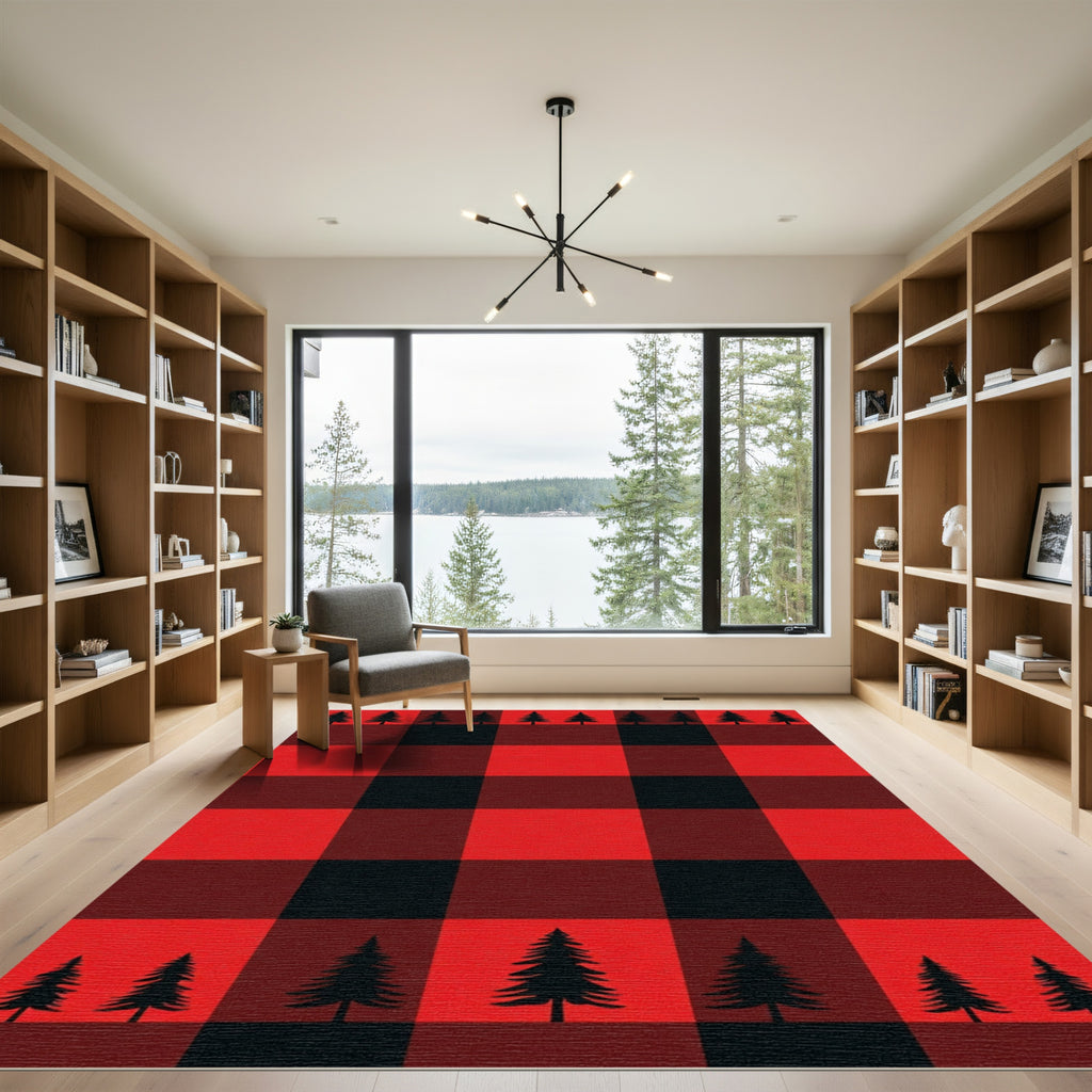 Red Black Buffalo Plaid Pine Trees Rug