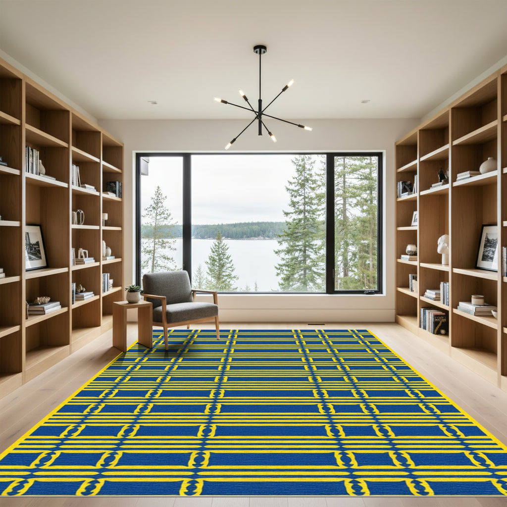 Bold Blue Yellow Rectangular Grid Rug
