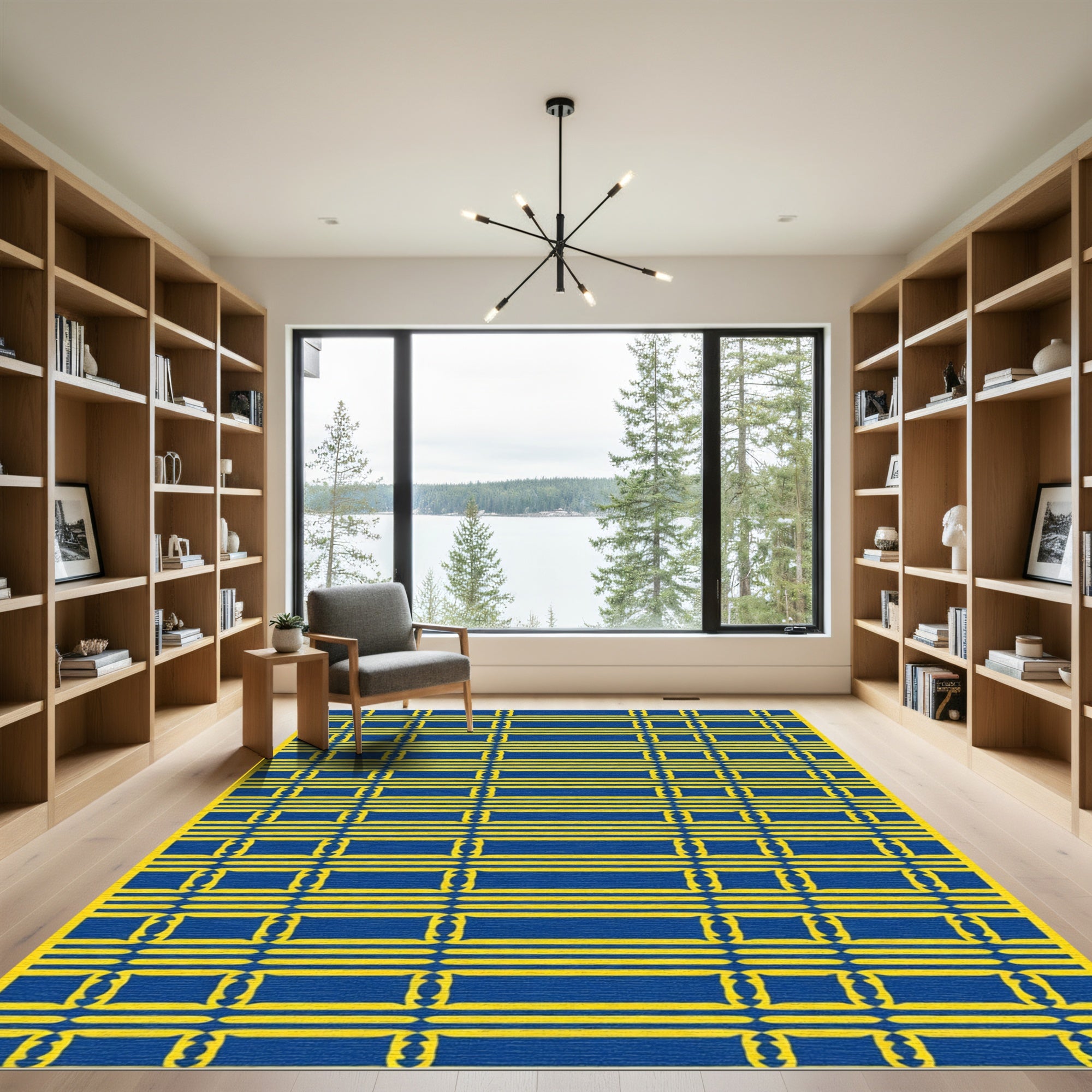 Bold Blue Yellow Rectangular Grid Rug